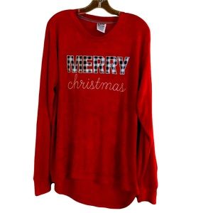 Women’s Oversized Merry Christmas Comfy Cozy Top, Soft Terry Cloth, Red Unisex L